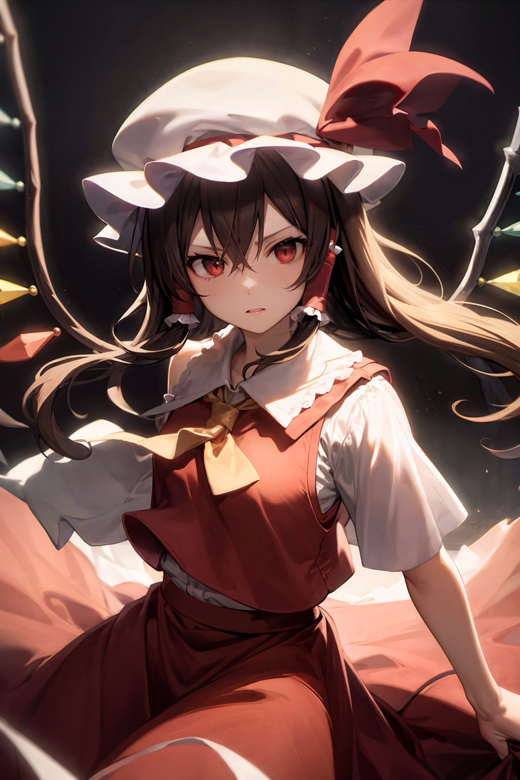 01678-2903049335-masterpiece, best quality,   _lora_reimu_0.8_,  _lora_flandre_0.8_,brown hair,long hair,hair tubes,vest,mob cap, red skirt,wings.png